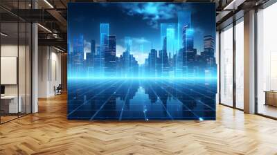 Illustration of a modern futuristic smart city concept with abstract bright lights against a blue background. Showcases cityscape urban architecture, emphasizing a futuristic technology city concept. Wall mural