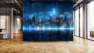 Illustration of a modern futuristic smart city concept with abstract bright lights against a blue background. Showcases cityscape urban architecture, emphasizing a futuristic technology city concept. Wall mural