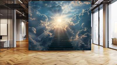 Illustration of a stairway ascending towards heavenly realms with a bright sky, clouds, and sun shining through the stairway. Symbolizing spiritual transcendence and enlightenment.  Wall mural