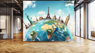 Illustration of a trip around the world, featuring famous landmarks on a globe. The artwork showcases various iconic monuments and creates a world travel background. Wall mural