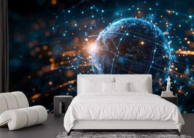 Illustration of global network connections and communication technology for internet business and telecommunication, featuring earth connector, earth map, and a 3D globe with an electronic network. Wall mural