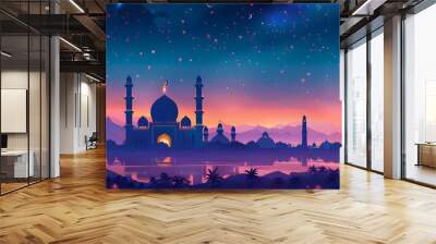 Islamic Ramadan Kareem or Eid Mubarak background wallpaper featuring a mosque, crescent moon, and starry night sky. Ideal for designs, greeting cards, posters, social media banners, and Eid Mubarak po Wall mural