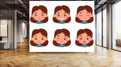 Cute cartoon little kid girl in various expressions and gesture. Cartoon child character showing different emotions. Vector illustration Wall mural