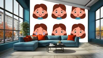 Cute cartoon little kid girl in various expressions and gesture. Cartoon child character showing different emotions. Vector illustration Wall mural