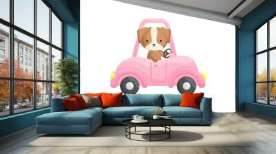 Cute little dog driving pink car. Cartoon character for childrens book, album, baby shower, greeting card, party invitation, house interior. Vector stock illustration. Wall mural