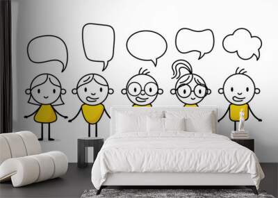 Set of figures with dialogue speech bubbles. Hand drawn doodle man. Business icons with funny stickman. Vector stock illustration. Wall mural