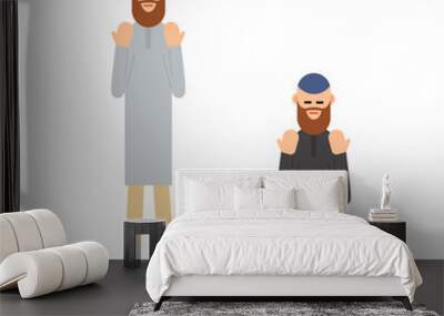 Muslim praying. Two Muslim arabic men in different suit and traditional clothes standing, sitting and praying. The performance of Muslim prayer by men with raised hands. Illustration in flat style Wall mural