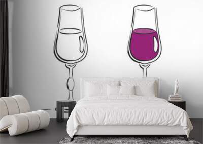 Two types liquor glass. Drink element. Black white and color object. Wineglass beverage. Hand draw icon. Restaurant illustration. Simple sketch. Isolated on white background in engraving style Wall mural