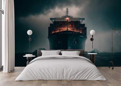 A loaded container cargo ship is seen in the front in stormy weather. Generative AI Wall mural