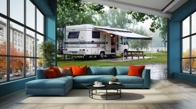 a new mobile home with an awning and table on a rainy day Wall mural