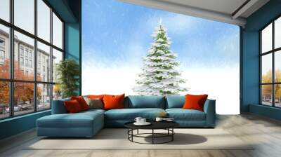 Christmas tree and falling snow blue sky background Wall mural