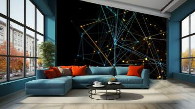 Colourful network 3d illustration, blue and yellow orange lines and dots connected Wall mural