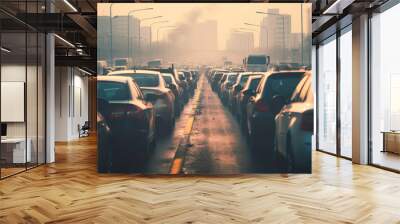 long line of cars stuck in traffic with visible exhaust fumes, air pollution	
 Wall mural