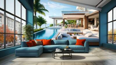 Luxury modern vacation home with a swimming pool. Sunbeds, relaxing area vacation Mediterranean	 Wall mural