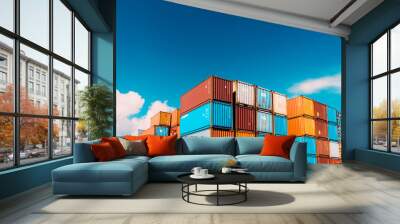 Shipping containers stacked against blue sky. Generative ai Wall mural