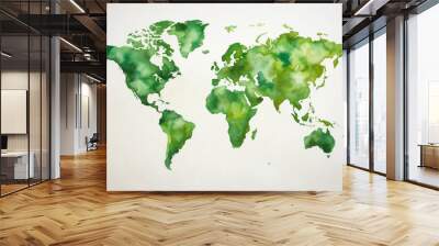 Watercolor world map in green colors Wall mural