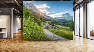 Alpine scenery with mountain chalets at sunset in summer Wall mural