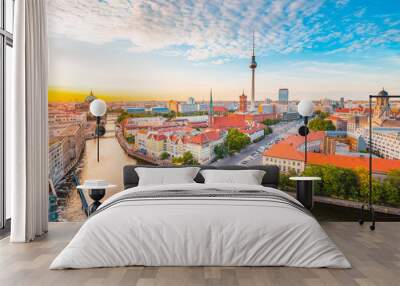 Berlin skyline with Spree river at sunset, Germany Wall mural