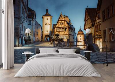 Historic town of Rothenburg ob der Tauber in twilight, Bavaria, Germany Wall mural