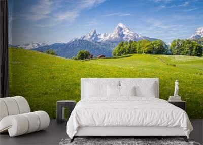 Idyllic landscape in the Alps with blooming meadows and snowcapped mountain peaks in springtime Wall mural