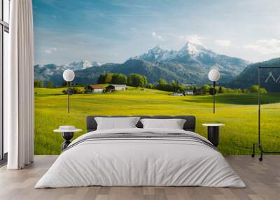 Idyllic landscape in the Alps with blooming meadows in springtime Wall mural