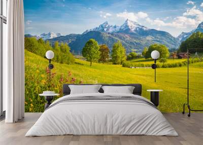 Idyllic mountain scenery in the Alps with blooming meadows in springtime Wall mural