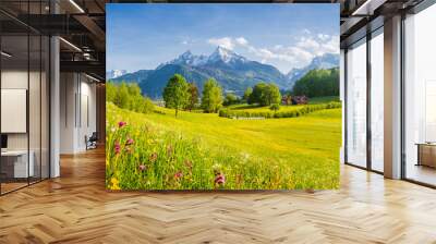 Idyllic mountain scenery in the Alps with blooming meadows in springtime Wall mural