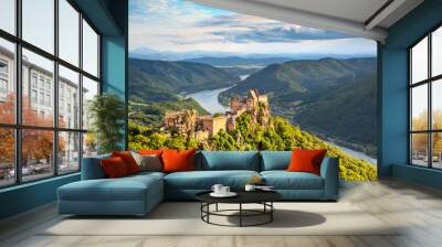 Landscape with castle ruin and Danube river in Wachau, Austria Wall mural