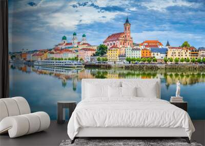 Passau city panorama with Danube river at sunset, Bavaria, Germany Wall mural