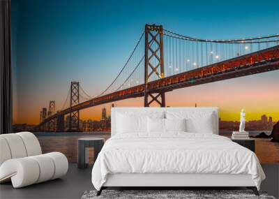 San Francisco skyline with Oakland Bay Bridge at sunset, California, USA Wall mural