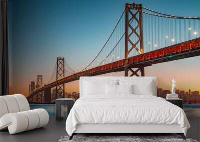 San Francisco skyline with Oakland Bay Bridge at sunset, California, USA Wall mural