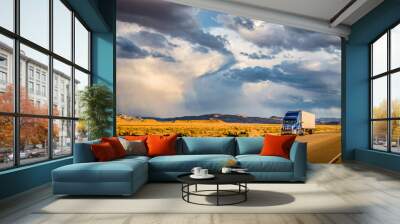 Semi trailer truck on highway at sunset Wall mural