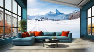 Winter wonderland scenery with cross-country skiing track in the Alps Wall mural