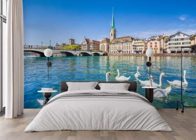 Zürich city center with swans on Limmat river, Switzerland Wall mural