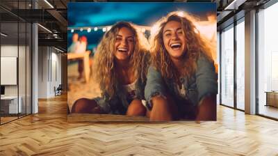 Adventures Unleashed: Portrait of Carefree Traveler Women Laughing Wall mural