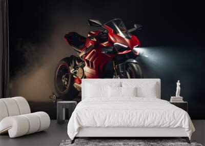 Photorealistic ai artwork of a red motorcycle, a sports bike in a studio surrounded by smoke and professional lighting. Generative ai. Wall mural