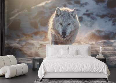 Photorealistic ai artwork of a wolf in the snow walking in a river at sunrise or sunset. Generative ai. Wall mural