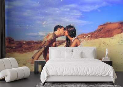 young beautiful girl and guy in love outdoors Wall mural