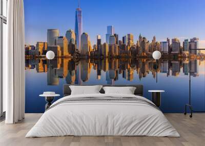 Lower Manhattan skyline panorama over East River with reflection Wall mural