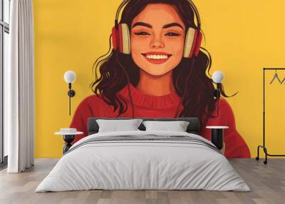  a smiling woman in a red sweater with headphones, holding a laptop against a bright yellow background. Wall mural