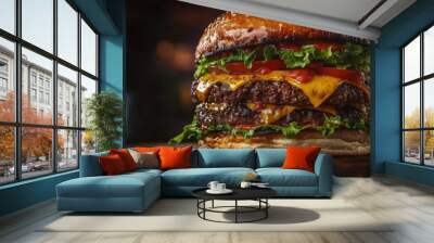  a towering double-meat burger, overflowing with fresh lettuce, juicy tomato slices, and a melting brioche bun, set against a rustic wooden table with warm  Wall mural