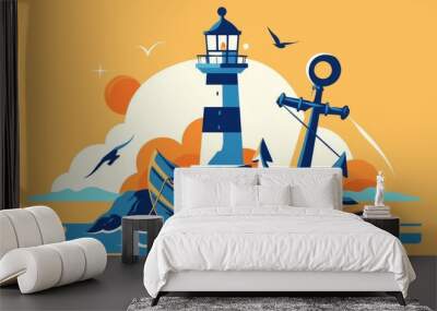  an anchor and lighthouse set against a scenic shore island backdrop. The design incorporates ocean waves and seagulls, capturing the essence of sunrise and sunset.  Wall mural