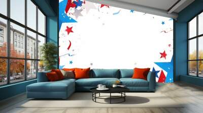  Red, White, and Blue Stars Confetti Border on Transparent Background with Center Copy Space for USA National Holiday Celebration Wall mural