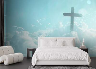 A cross in the clouds against a light blue background, with a white sky and white birds flying around the cross.  Wall mural