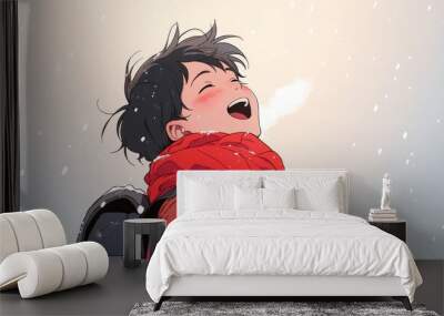 A happy boy wearing a red scarf and blue backpack, smiling with his eyes closed in profile view against a clear blue sky with falling snowflakes, illustrated in anime style. Wall mural