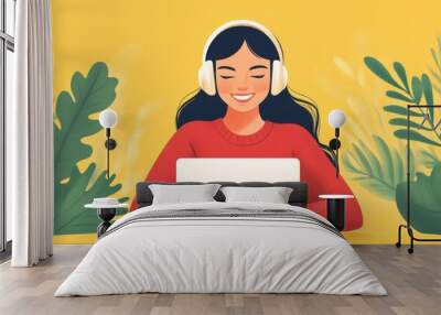 A happy woman wearing headphones and sitting at a laptop, illustrated in a flat design style against a bright yellow background, featuring a red sweater and blue accents  Wall mural