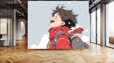 A joyful anime-style young man with messy hair, wearing a red scarf and a blue backpack, smiles while gazing up at the sky. Wall mural