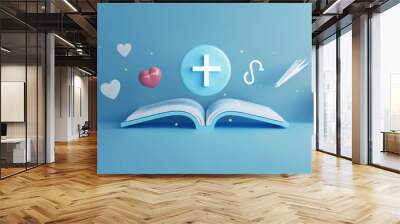 A search bar with an open book symbol and other religious icons on the right side of it, blue background Wall mural