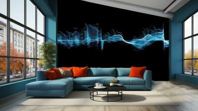 Blue audio wave representing music sound on a black background, ideal for sound effects and audio visualization in digital media. Wall mural