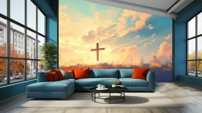 Cross on a hilltop against a stunning sky, embodying an Easter theme.  Wall mural